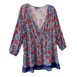 ModCloth | Blue Red Outgoing Guidance Floral Surplice Top, XL